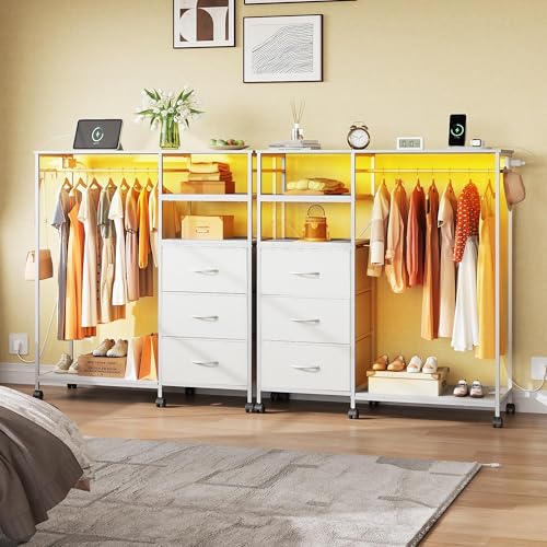 WLIVE White Dresser with Hanging Rack for Bedroom, 3 Drawer Dresser with LED Lights & Charging Station, Fabric Dressers & Chest of Drawers, Storage Organizer with Open Shelves for Living Room - color: White