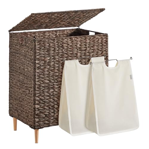 SONGMICS Laundry Hamper 2 Sections, 34.3 Gal. (130 L) Handwoven Water Hyacinth Wicker Laundry Basket with Lid, Natural Material, Removable Machine Washable Liners, Handles, Espresso ULCB202K01 - color: Espresso, size: 130 L (Handwoven)