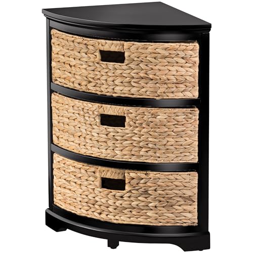 eHemco Hampton Meadows 3 Tier X-Side Corner Table Storage Cabinet with 3 Wicker Baskets, Black - color: Black, size: 14"D x 14"W x 25.5"H (3 Drawers)