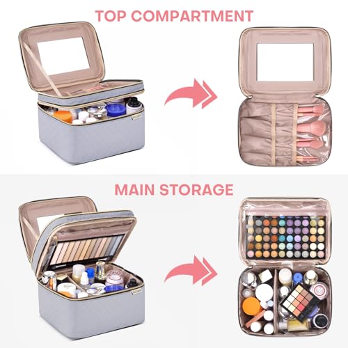 HXLGMD Large Makeup Bag with Mirror Double Layer Travel Make Up Organizer Case, Large Capacity Coemetic with Brush Slot Divider, Travel Toiletry Bag for Women (Grey) - color: Grey