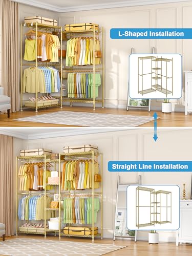 Ulif E4 Clothes Rack, Heavy-Duty Garment Rack, Metal Freestanding Clothing Organization Storage System Can Be L-Shaped with Shelves and Hangers, Max Load 962lbs, 71.6" W x 14.5" D x 79.3" H, Gold - color: Gold