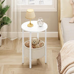 Vagusicc Round Side Table End Table with Storage Basket, Small Side Table Round Nightstand for Small Spaces, Tall Oval End Table with Steel Frame, Coffee Bedside Table for Living Room Bedroom, White - color: White