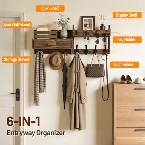 29" Coat Rack Wall Mount with Shelf & Drawer, Heavy Duty Wood Entryway Organizer, Wall Coat Hanger with 12 Metal Hooks, Wall Mounted Coat Rack Key & Mail Holder for Living Room, Bedroom - color: Brown, size: 29 inch