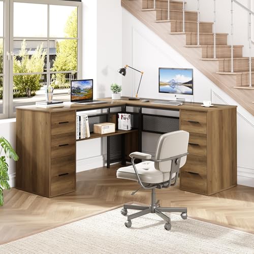 HSH Large L Shaped Home Office Desk with Drawers, Rustic L-shaped Computer Desk with Storage File Cabinet Shelves, Corner Reversible Metal Wood Executive Work Study Writing Table, 59 Inch Bedroom Desk - color: Rustic Oak