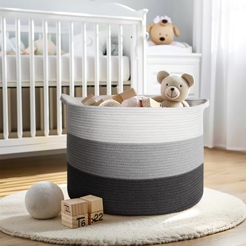 Extra Large Blanket Basket - Cotton Rope Basket for Storage, Blanket Storage for Living Room, Round Kid Dog Toy Bin Box, Large Woven Throw Pillow Holder Organizer, Towel Shoe Bin(22"x14") - color: 3-toned Gray
