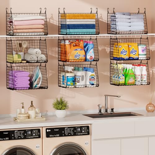 Sonyabecca 3-Pack Hanging Laundry Baskets, Foldable Metal Wire Shelves with 360° Rotating Hooks, Space-Saving Over Washer/Dryer or Closet Storage for Laundry Room & Closet Organization, Black - size: 3-Pack 15.74*11*35.43inch