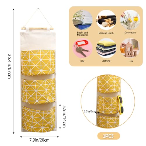 COVRA 3-Pack Wall Hanging Storage Bags – Over-the-Door Organizers with 3 Large Pockets (6.3" × 5.1"), Hanging Closet & Pantry Organizer for Bedroom, Bathroom, Dorm, and More (Yellow) - color: Yellow
