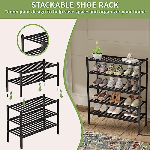 ROMGUAR CRAFT 2 Tier Bamboo Shoe Rack for Closet Free Standing Wood Shoe Shelf for Entryway Small Space Stackable 27"x11"x13" (Black) - color: Black, size: 2 Tier
