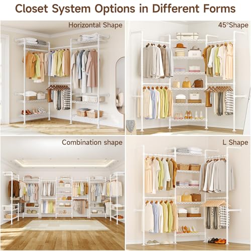 ONBRILL L3 Wall Mounted Industrial Pipe Closet System, Corner Closet Organizers with 4 Telescopic Rods & 6 Shelves, Heavy Duty Clothing Clothes Rack in Wardrobe Closet (White) - color: White