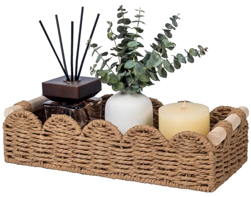 CubesLand Toilet Paper Storage Basket Organizer, Small Wicker Toilet Tank Top Decorative Baskets for Countertop, Handwoven Scalloped Basket w/handle for Home Decor, Living Room, Bedroom, Neutral - color: Neutral, size: S - 12.99"L x 6.3"W x 3.15"H