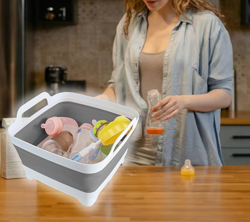 GIMWA Collapsible Wash Basin with Drain Plug - 2.4 Gallon Foldable Kitchen Sink for Baby Bottles, RV Camping, Space-Saving Dish Tub (Gray) - color: Gray
