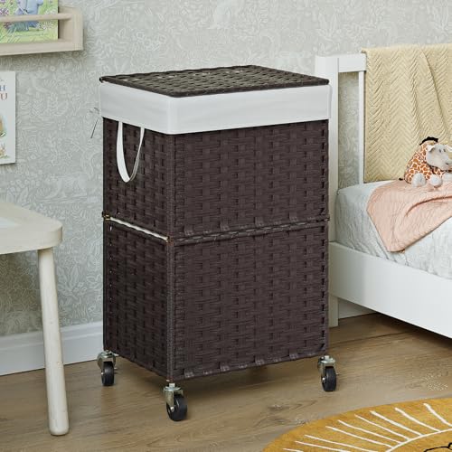 Chrislley 90L Slim Laundry Hamper with Wheels, Rolling Laundry Basket with Lid and Renovable Liner Bag, Handwoven Rattan Organizer for bedroom, bathroom, laundry room (Brown) - color: Brown