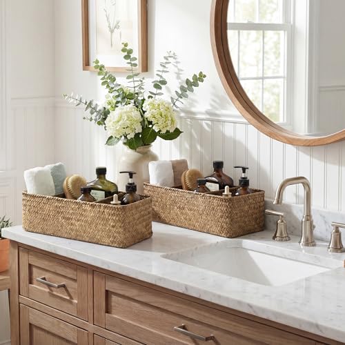 StorageWorks Toilet Paper Basket for Back of Toliet，with 3-Compartments, Basket Organizer, Seagrass Toilet Tank Basket, Brown, 2-Pack - color: Brown（seagrass）, size: 14¼"L x 6"W x 4¼"H