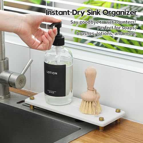 Razborci Stone Drying Tray, Gold Sink Caddy, Water Absorbing Faucet Mat Kitchen Sink Organizer, Diatomite Bathroom Counter Coaster, Soap Dish Rack Riser Dispenser Sponge Holder, Beige 10" x 4" - color: Beige - Gold, size: 10" x 4" x 1"