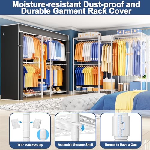 Ulif E12C Pro Heavy Duty Closet Organizer System，Freestanding Clothing Racks for Hanging Clothes，Adjustable Garment Rack 71"W x 16"D x 76.5"H Hold 960lbs，White Clothing Rack with Black Dustproof Cover - color: White Rack With Black Cover, size: E12C Pro