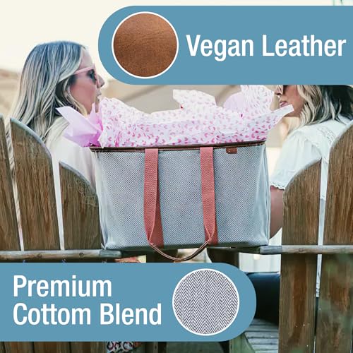 CleverMade Collapsible LUXE Tote - Reusable Grocery Shopping Storage Bag Organizer w/Handles Reinforced Bottom - color: Rose Herringbone