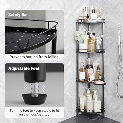 ELYKEN Corner Shower Caddy Standing, 4 Tier Rustproof Metal Shower Organizer with Soap Holder, Floor Shower Corner Shelf Rack Storage Stands with Adjustable Feet & 2 Hooks for Bathroom, Black - color: Black, size: 4 Tier