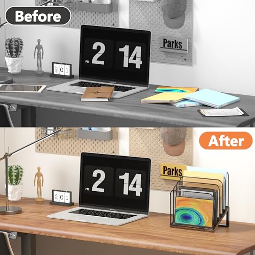 Piskyet Wooden Desk File Organizer, 5-Section Vertical File Folder Holder Stand,Metal Mail Paper Chromebook Organizer for Teacher Desk Office Classroom Desktop Organization（Inclined） - size: 5-Section Inclined