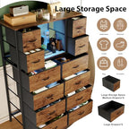 58.7" H Dresser for Bedroom with 12 Fabric Drawers & LED Lights, Anti-Tips Chest of Drawers with Open Shelves for Small Space, Living Room, Storage Organizer with Steel Frame, Wood Top, Rustic Brown