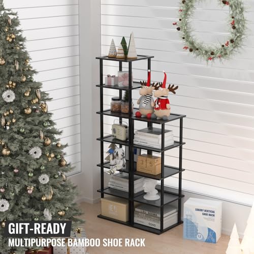 MHXW SXPN Bamboo Free Standing Shoe Rack Shelf Multi Tier Tall Wooden Stackable Shoes Rack Organizer for Closet Front Door Entrance Narrow Vertical Shoe Storage (Black, 12 Tiers) - color: Black, size: 12 Tiers