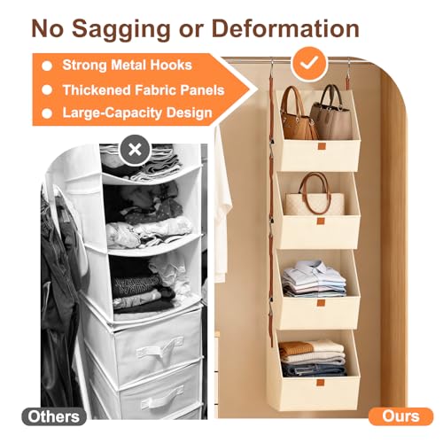 MSJGA 4-Tier Hanging Closet Organizer and Storage with Detachable Bins, Fabric Hanging Shelves for Closet, Dorm, Rv, Space-Saving Collapsible Basket for Handbags, Clothes (47” H)