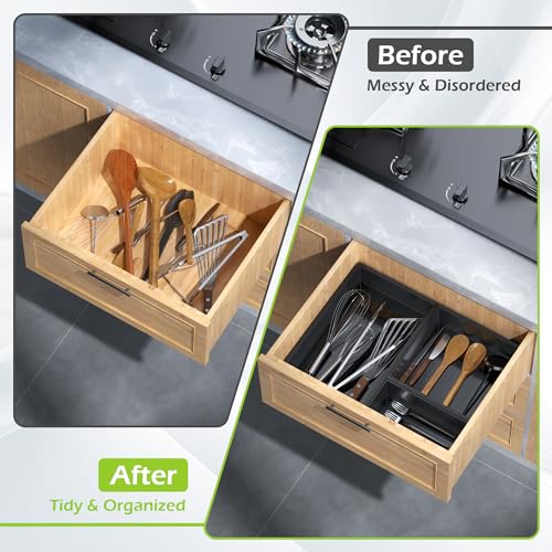 Bamboo Drawer Organizer Set, 5 PCS Multi-use Varied Sizes Junk Drawer Organizer Kitchen Storage Box for Office, Home, Bedroom, Bathroom, Black - color: Black, size: 5 PCS