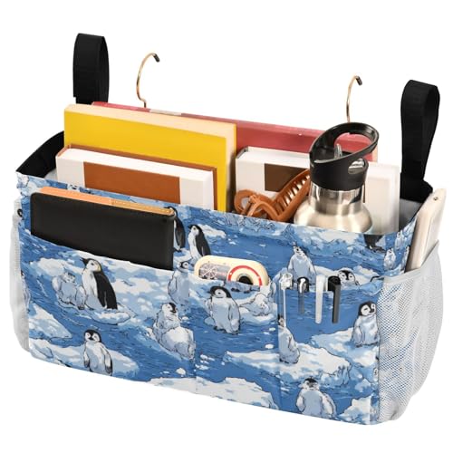Bedside Caddy Hanging Bunk Bed Caddy Bed Organizer Hanging Pocket with 2 Hooks Bedside Storage Organizer Pocket Bag Holder Blue Penguins Ice Floes Snow Water - color: Blue Penguins Ice Floes Snow Water
