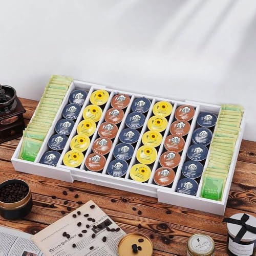 K Cup Holder,Bamboo Coffee Pod Holder Drawer Organizer, Expandable Coffee Pod Holder Tea Bag Storage Organizer for Kitchen Office Coffee Bars,Accommodate 45 K Cups (White) - color: White
