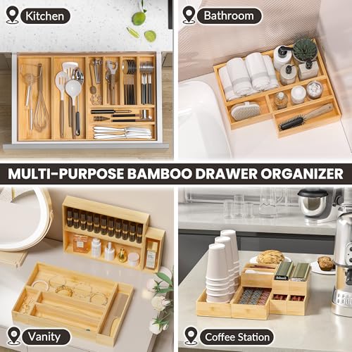 Kitchen Drawer Organizer Bins, Stackable Bamboo Drawer Organizer for Silverware, Flatware, Deep Office Desk Drawer Organizer Tray, Desktop Pen, Office Organization 9" x 6" x 2.5" (Set of 2) - color: Bamboo, size: 9 x 6 x 2.5 Inch