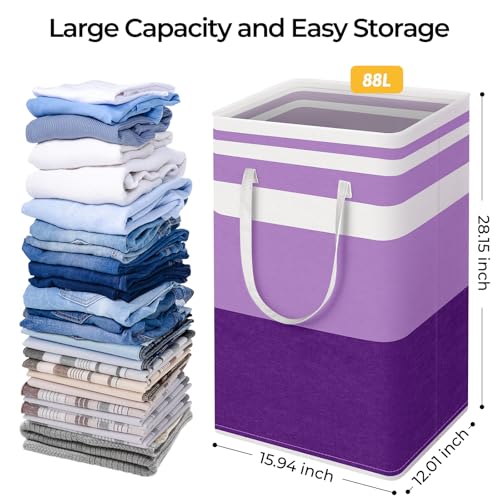 HomeHacks 2 Pack Large Laundry Baskets, Waterproof, Freestanding Laundry Hampers, Collapsible Clothes Hamper with Reinforced Handles in Laundry, College Dorm, Bathroom, Bedroom (Purple, 88Lx2) - color: Purple, size: 88L