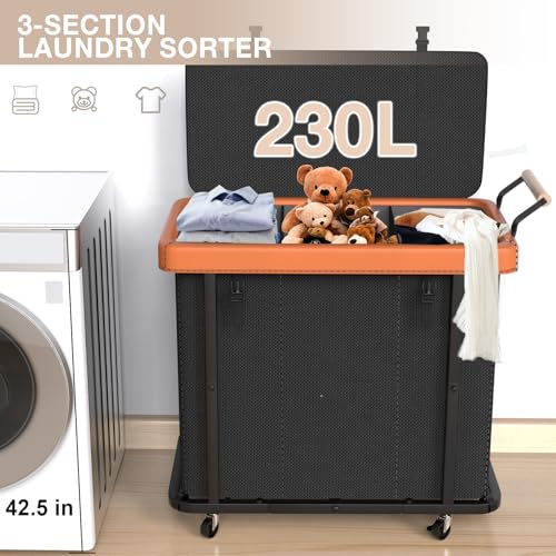 60 Gal (230L) Laundry Hamper 3 Section with Lid, Leather Patchwork Laundry Sorter with Rolling Lockable Wheels and Handle, Laundry Basket Organizer for Laundry Room, Bedroom and Bathroom - Black - color: Black-3 Section, size: 3 Section