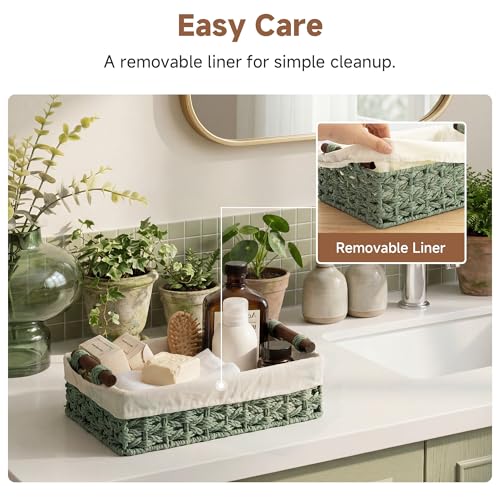 StorageWorks Small Baskets for Organizing with Handles and Liner, Wicker Toilet Paper Basket for Back of Toilet, Green Paper Rope Bathroom Basket Organizer and Storage for Sage Green Decor, 2 Pack - color: Green, size: 12"L x 7¾"W x 3¼"H + 10¼"L x 6"W x 2