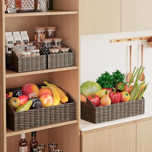 Ollieroo Rattan Storage Baskets, Handwoven Wicker Storage Bins with Built-in Handles, Storage Container Baskets for Shelves, Bedroom, Bathroom, Laundry Room or Kitchen(Brown) - color: Brown