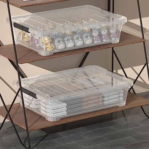 4 Packs Under Bed Storage Containers with Clear Lid, Large Stackable Plastic Latching Bins with Rolling Wheels, 40 Quart - size: 40L