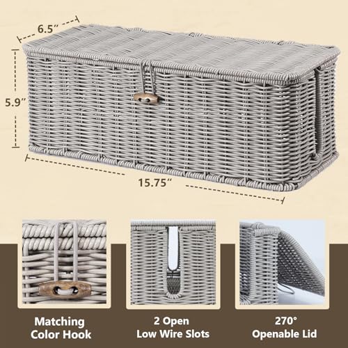 BROWNLILY Cable Management Box, Rattan Style Cord Organizer for Desk Cord Hider Outlet Covers Baby Proofing for Power Strip TV PC Router Charger Under Desk Storage with Lockable Lid and Cable Ties - color: Gray, size: L