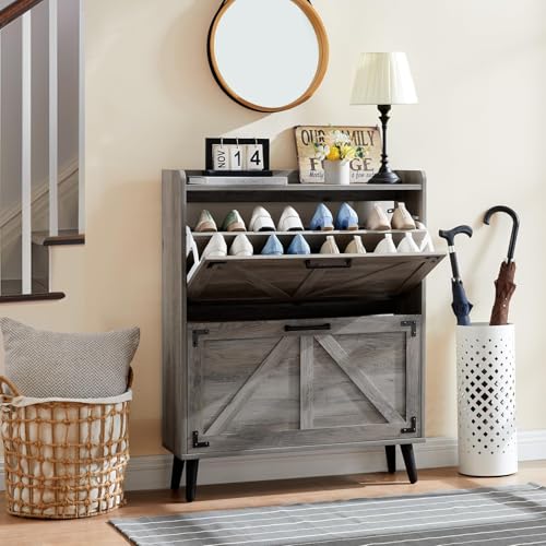 Barnyatoh Shoe Storage Cabinet with 2 Flip Drawers, Farmhouse Hidden Shoe Organizer, Narrow Slim Shoe Rack Cabinet for Entryway Hallway,Washed Gray - color: Washed Gray