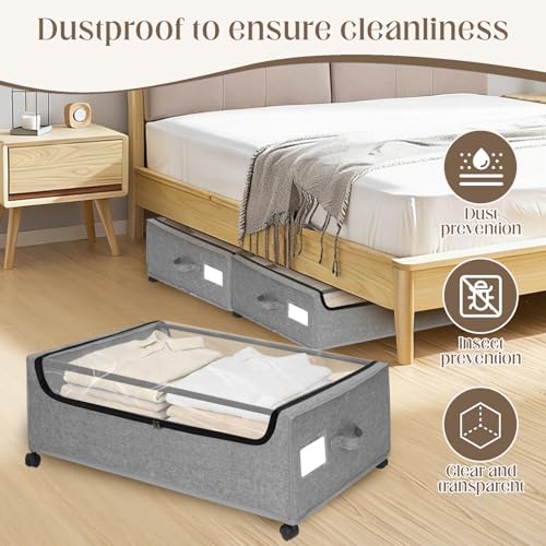 Under Bed Storage with Wheels, 2 Pack Under Bed Storage Containers, 10.6 inches Tall Underbed storage bins on Wheels, Rolling Under the Bed Metal Drawers for Clothes, Blankets, Shoes (XXXL, 90L)