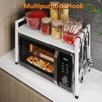 Extendable Microwave Oven Stand, Adjustable Microwave Rack Toaster Shelf, Heavy Duty Rack 2 Tier Kitchen Counter Top Organizer with 7 Hooks for Kitchen - color: White