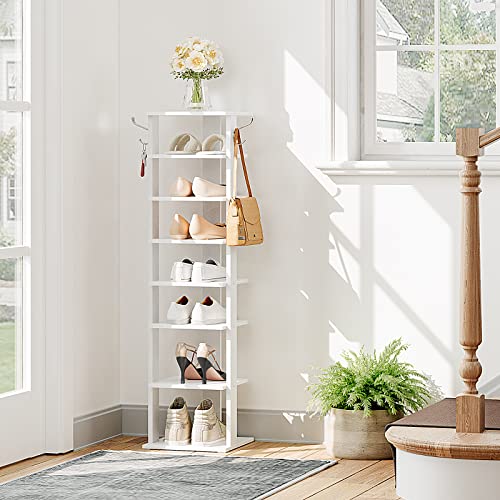 HOOBRO 8 Tiers Vertical Shoe Rack, Wooden Shoe Storage Organizer with Hooks, Narrow Shoe Tower for 8 Pairs, Space Saving, for Entryway, Living Room, Bedroom, White WT07XJ01G1 - color: White, size: 8 Tier (11"W)
