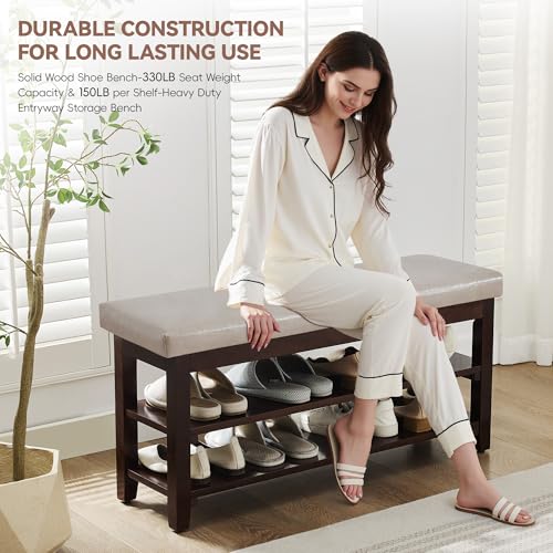 40" Shoe Bench with Leather Cushion, 2-Tier Shoe Rack Entryway Bench, Wood Bench for Front Door Entrance, Mudroom, Hallway, Wooden Shoe Shelves, Shoe Organizer, Shoe Storage, Grey - color: Grey