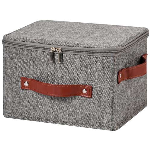 Storage Bin Box with Zippered Lid Cotton Linen Fabric Decorative Basket with PU Leather Handles PP Plastic Board Foldable Lidded Clothing Shelf Closet Organizer Container (Gray, Small) - color: Gray, size: Small ( Pack of 1 )