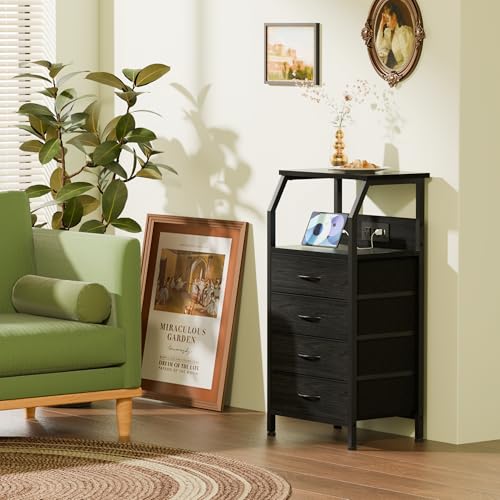 Furnulem Night Stand with Charging Station, 4 Drawer Dresser with Storage Shelf, 33.3 Inch Tall Side Table, Fabric End Table for Closet, Entryway, Bedside Furniture, 3 Ways to Use, Black Oak - color: Black Oak, size: 4 Drawer