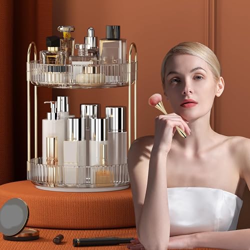 YCIA&DONE 360 Rotating Makeup Organizer and Storage for Vanity Bathroom Countertop, High Capacity Cosmetic Skincare Perfume Organizers for Dresser Lazy Susan (Clear White,2 Tiers) - color: Clear White, size: 9" (2 Tiers)