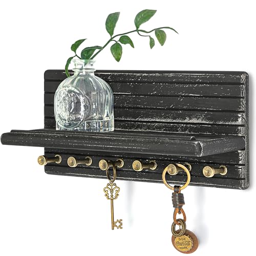 Rebee Vision Pine Wood Key Holder Wall Mount – Chic 11-Inch Key Holder for Wall with 6 Hooks & Floating Shelf - Elegant Hanging Shelf Accent for Rustic Farmhouse Home Decor (Old Black) - color: OldBlack, size: Medium-11inch