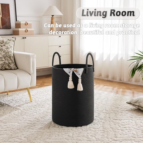Artfeel Laundry Basket,Woven Cotton Rope Laundry Hamper,60L for Decorative Storage of Dirty Clothes,Toys and Blankets in Bathroom,Baby Room and Living Room - color: Dark black, size: 60L