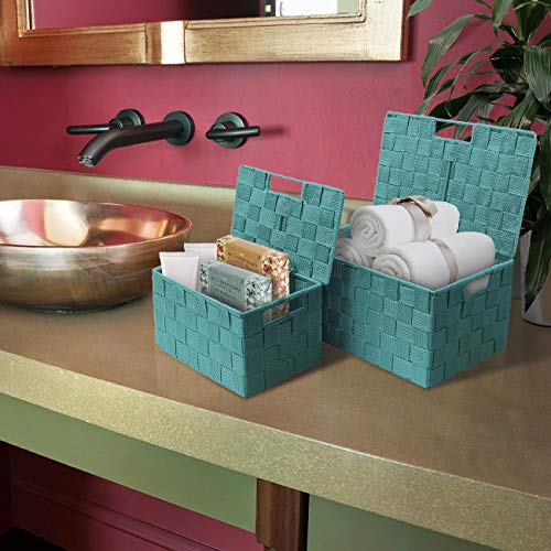 Sorbus Set of 3 Hand-Woven Storage Baskets with Lids – Decorative Wicker Organizers for Home, Closet, or Shelves (Aqua) - color: Aqua