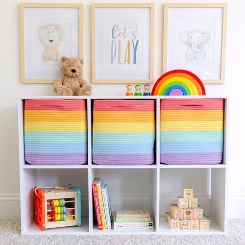 NaturalCozy Storage Cubes 11 Inch Cotton Rope Woven Baskets for Organizing, 3-Pack | Cube Storage Bin | Square Storage Baskets for Shelves Organizer, Classroom, Kids Toy Bins, Closet, Baby Nursery - color: Rainbow