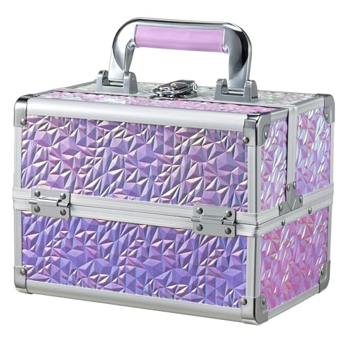 Joligrace Makeup Train Case Makeup Case Organizer Portable Cosmetic Box Storage with 2 Trays Mirror Locking with Keys Make Up Travel Case Nail Kits Traveling Makeup Box Shiny Purple - color: Shiny Purple