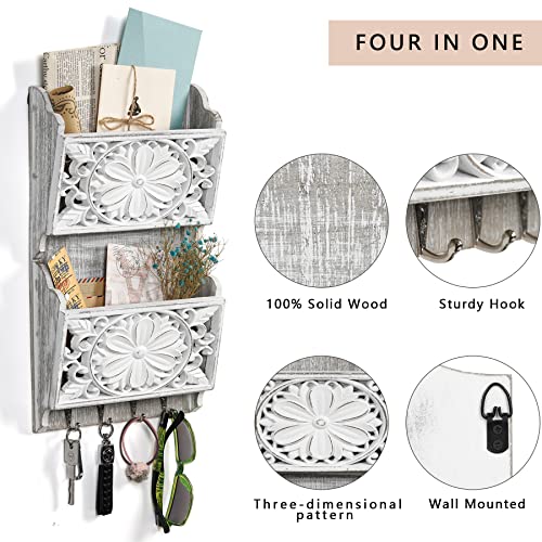 2-Slot Mail Organizer Wall Mount with 4 Hooks, Rustic Key and Mail Holder for Home Decorative, Wooden Key Hangers Wall File Organizer Letter Sorter for Letter Magazines - size: Medium