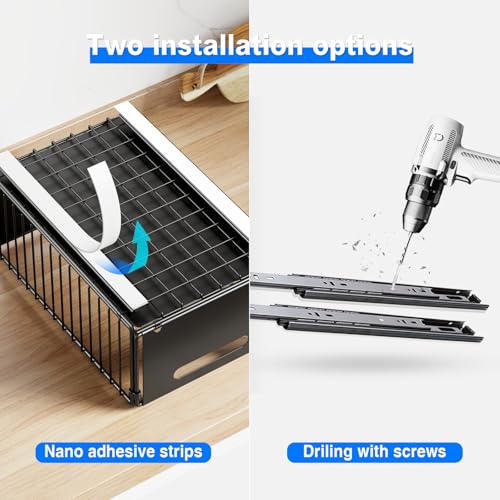 Mustorn 2 Pack Pull Out Cabinet Organizer, Slide Out Drawers for Cabinets, Peel and Stick, Heavy Duty Shelves for Kitchen, Cupboard, Pantry, Bathroom (14.76" D*9.65" W*7.87" H-Black) - color: Black, size: 14.76"D*9.65"W*7.48"H